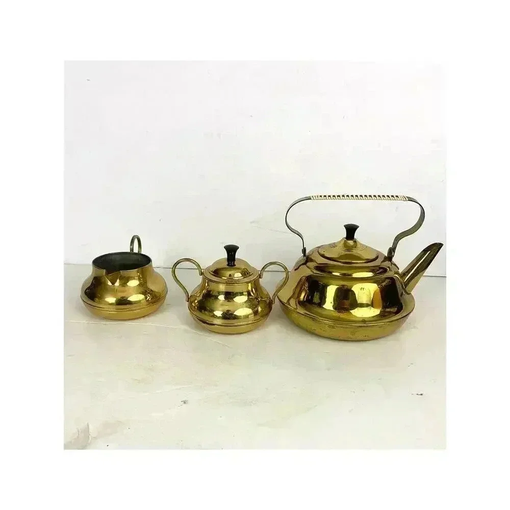 3 PC VTG Brass Pitcher Double‎ Handles Lidded Spout Made in Holland MCM